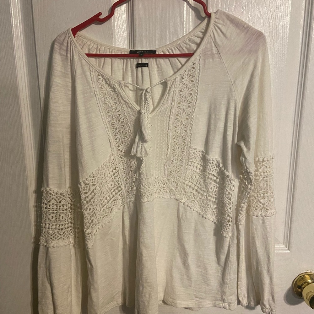 EUC Women’s Miss Me Beige Tunic Lace Detailed Long Sleeve Blouse Sz Small